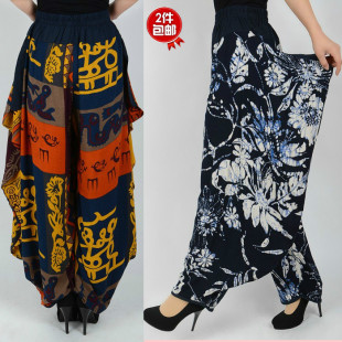 女夏季 名族风舞蹈长裤 薄款 妈妈阔腿裤 子 棉绸宽松大码 中老年灯笼裤