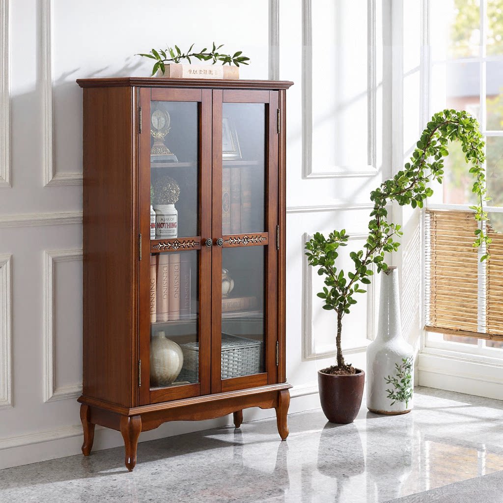 玻璃门书柜实木书架带门书橱美式推拉门储物柜落地电视边柜展示柜