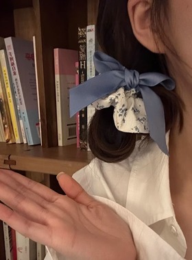 永远没烦恼~小清新布艺碎花蓝色蝴蝶结大肠发圈女甜美发绳头饰ins