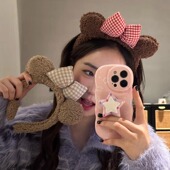 小熊耳朵格子蝴蝶结发箍可爱秋冬毛绒洗脸化妆敷面膜头箍发饰ins
