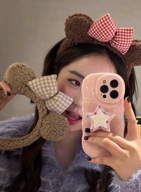 小熊耳朵格子蝴蝶结发箍可爱秋冬毛绒洗脸化妆敷面膜头箍发饰ins