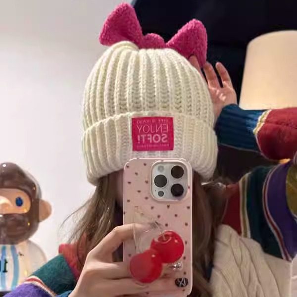 秋冬糖果色帽子韩版针织毛线百搭蝴蝶结甜美冷帽显脸小潮流时尚