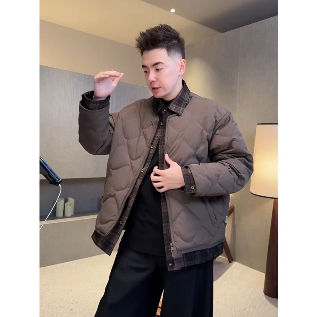 楠哥专属  90白鸭绒假两件翻领层次感老钱风时尚菱形格纹羽绒服男