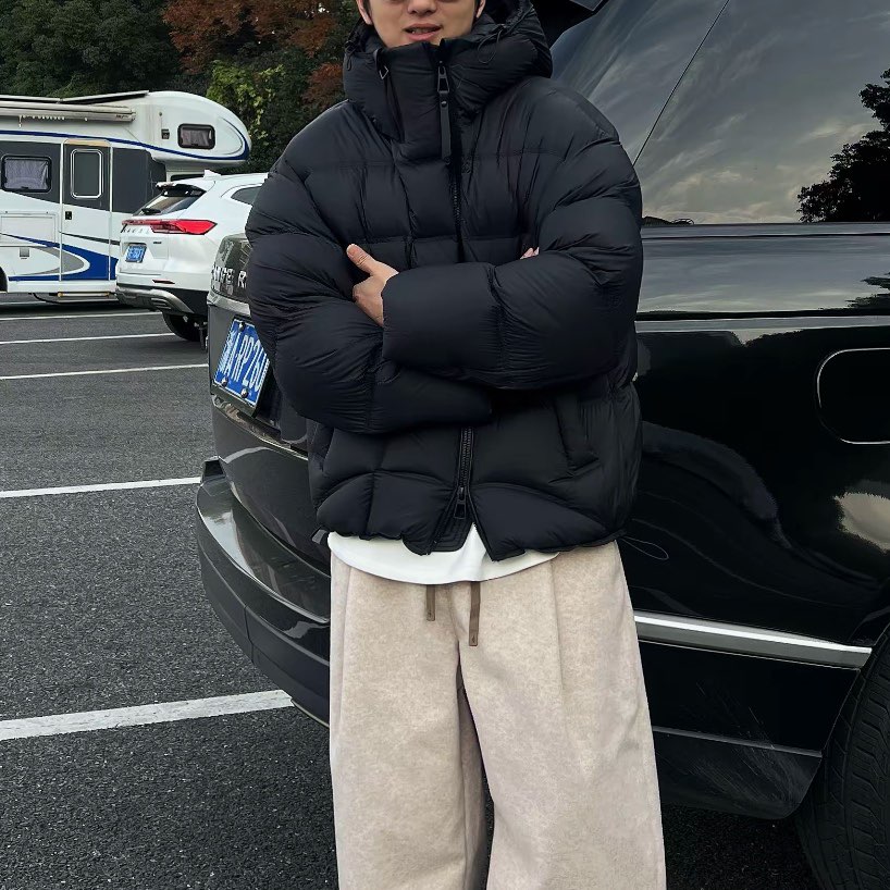高级感加厚面包羽绒服男连帽2025冬季新款潮流纯色多拉链羽绒衣男