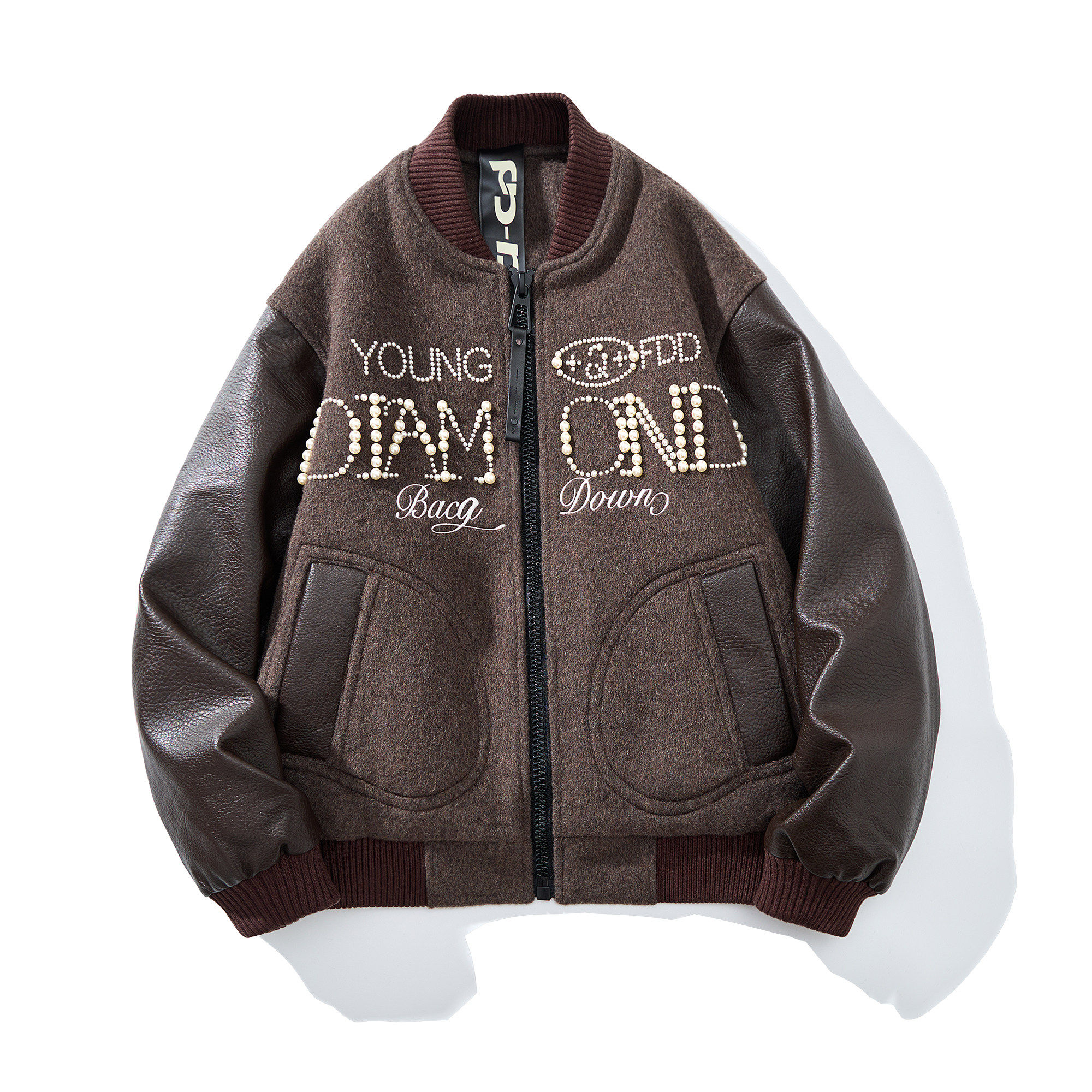 重磅工艺绵羊毛拼接羽绒服90绒混纺拼皮烫珠新款男棒球服