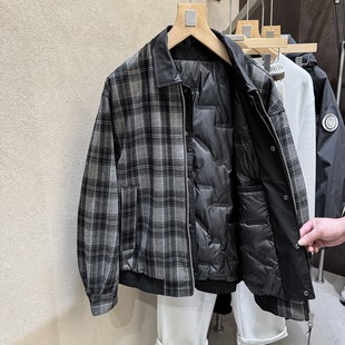 绒基地！平湖出品！腔调十足！格子假两件90绒男士羽绒服外套潮