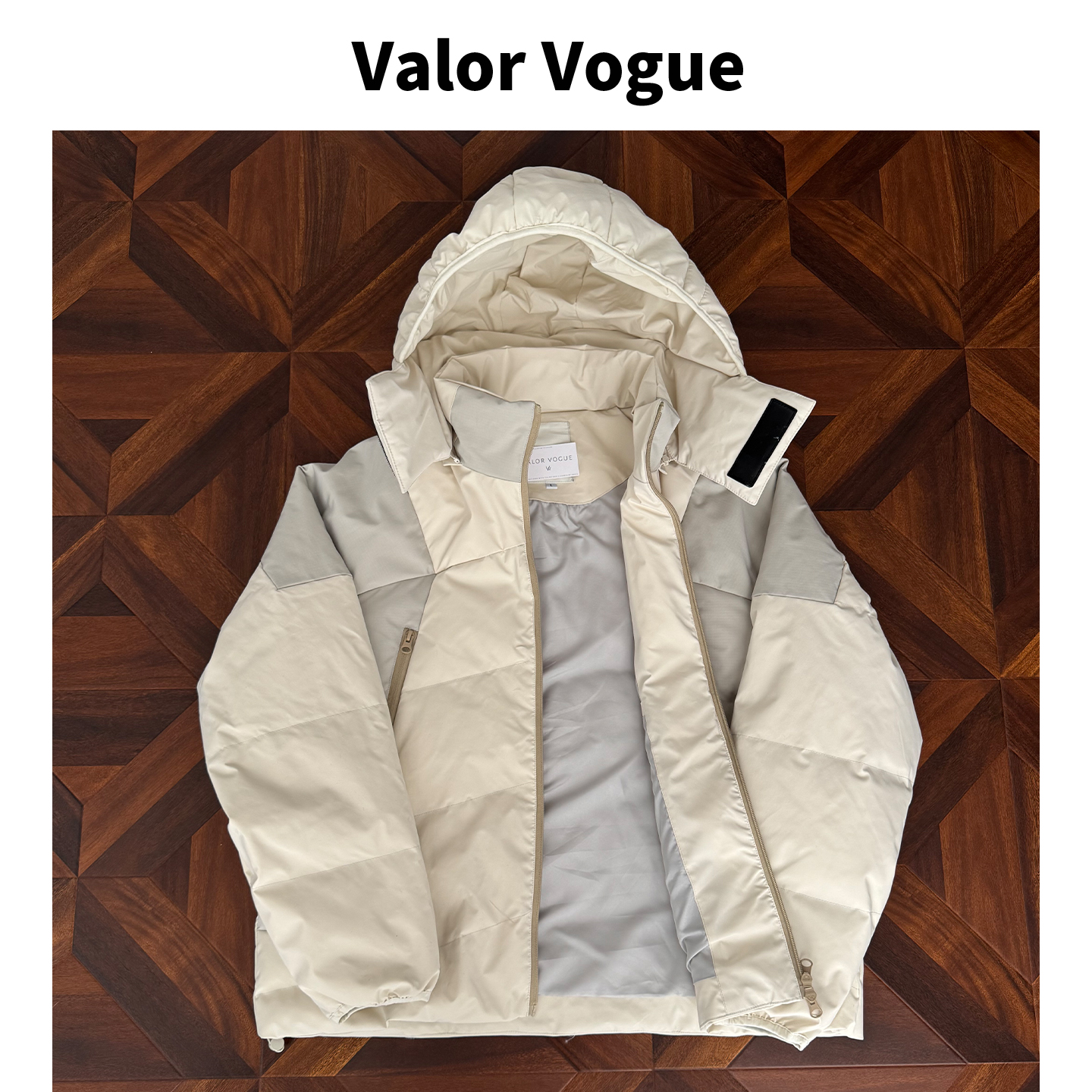 90鹅绒服冬季上新美式高街百搭拼色设计米灰色羽绒服男