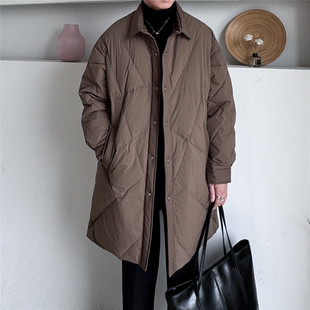 菱形格翻领羽绒服男士中长款冬季加厚保暖宽松潮流商务白鸭绒外套