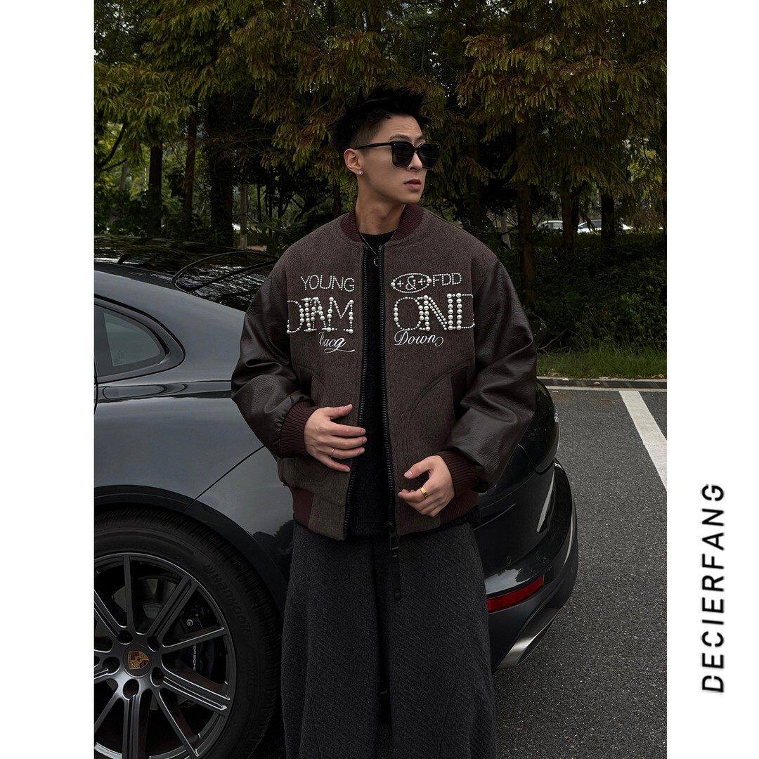 冬季时尚潮流重工拼接羊毛面棒球服羽绒服定制90白鸭绒男装羽绒服