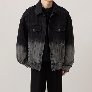 外套 新款 潮流渐变翻领重工牛仔羽绒服外套男短款 做旧百搭痞帅冬季