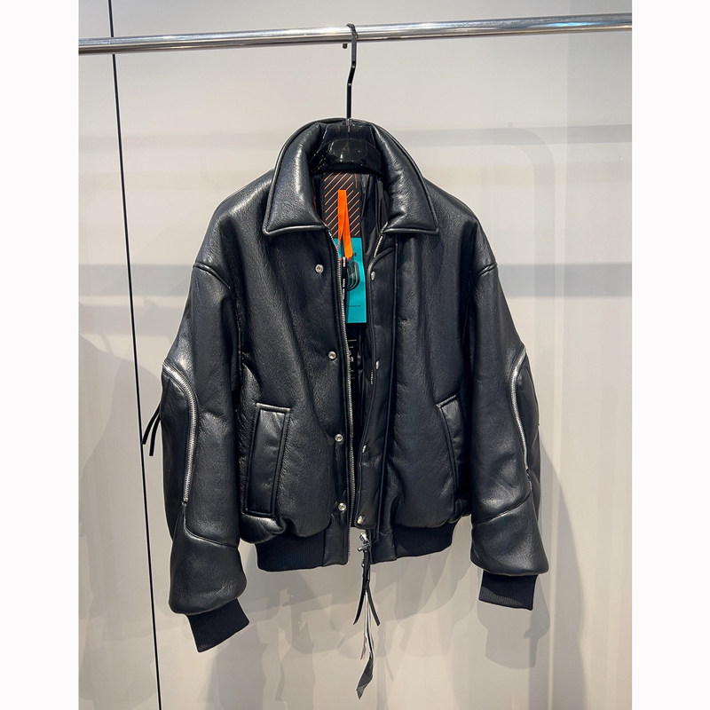 90鹅绒服 轻奢翻领pu皮衣男时尚潮流帅气百搭机车风羽绒服