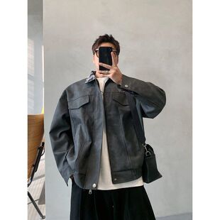 2026春季潮牌新款复古做旧翻领皮衣夹克男外套潮流机车服痞帅