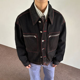 复古vintage解构红线原牛夹克短款牛仔外套男款春装痞帅风