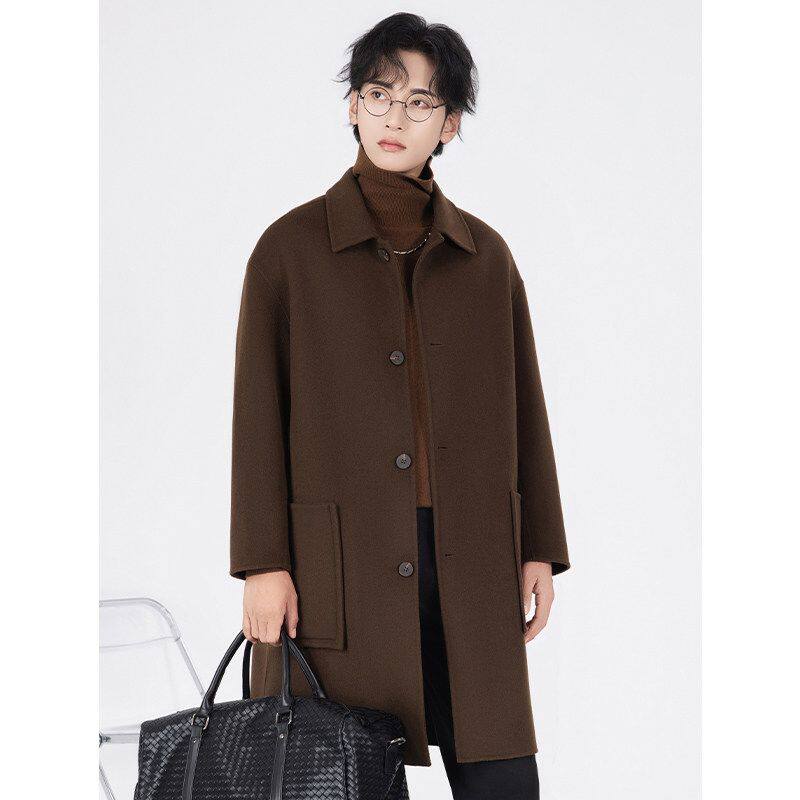 双面羊毛大衣男加厚中长款外套2024年新款翻领妮子短款毛呢风衣