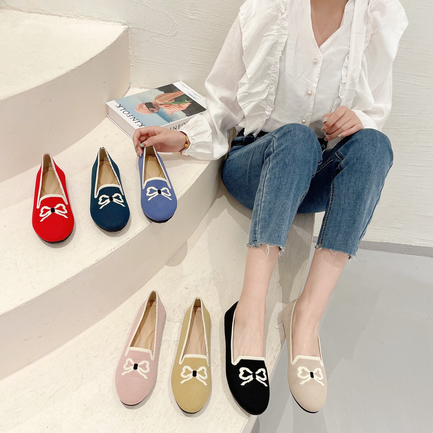 REREJOY2023春夏新款飞编针织王妃鞋女士绣花一脚蹬软底透气单鞋