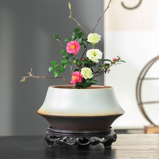 古典素雅插花剑山陶瓷花盆室内桌面装 饰复古器皿小号大口径摆件