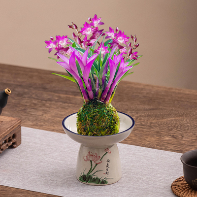 中式七彩石斛兰苔藓球手绘高脚水养陶瓷器皿家用绿植桌面摆件花盆
