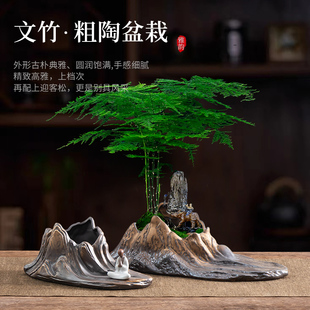 复古粗陶文竹造景盆中式 陶瓷家用大口径玄关绿植透气盆栽盆摆件