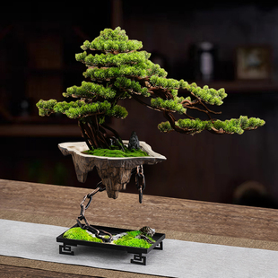 中式 悬空微景造景盆家用桌面摆件 迎客松仿真铁艺悬崖盆景陶瓷个性