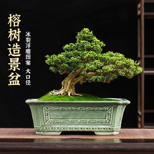 复古榕树盆景绿釉花盆带托哥窑冰裂浮雕大口径中式 方形绿植盆栽