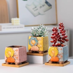 中式 手绘粗陶多肉专用花盆陶瓷家用高脚透气肉肉盆桌面摆件带托盘