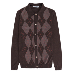 复古高级POLO领羊毛开衫 UPUP STREET深棕色菱形格纹针织衫