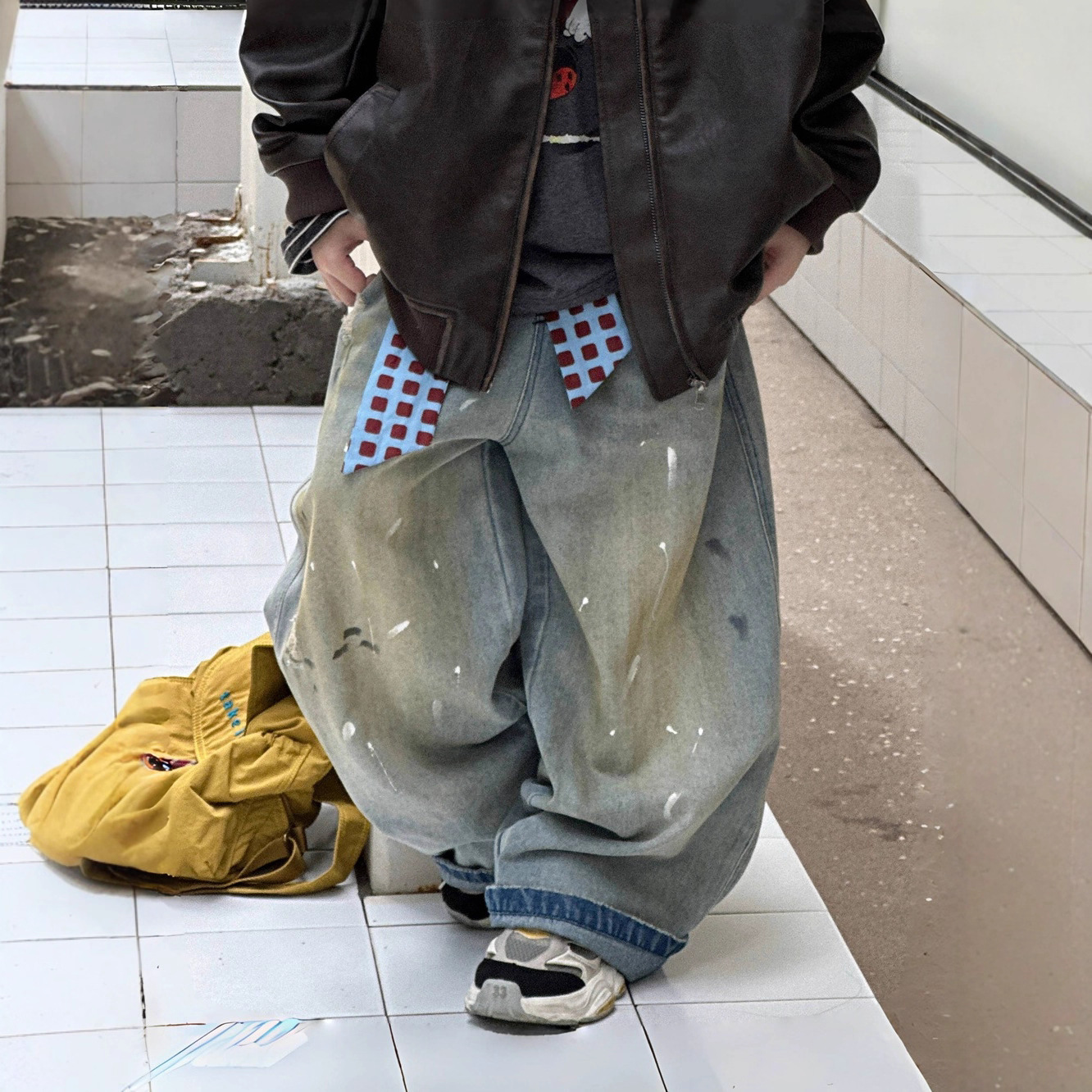 男女童甩漆做旧直筒牛仔裤长裤