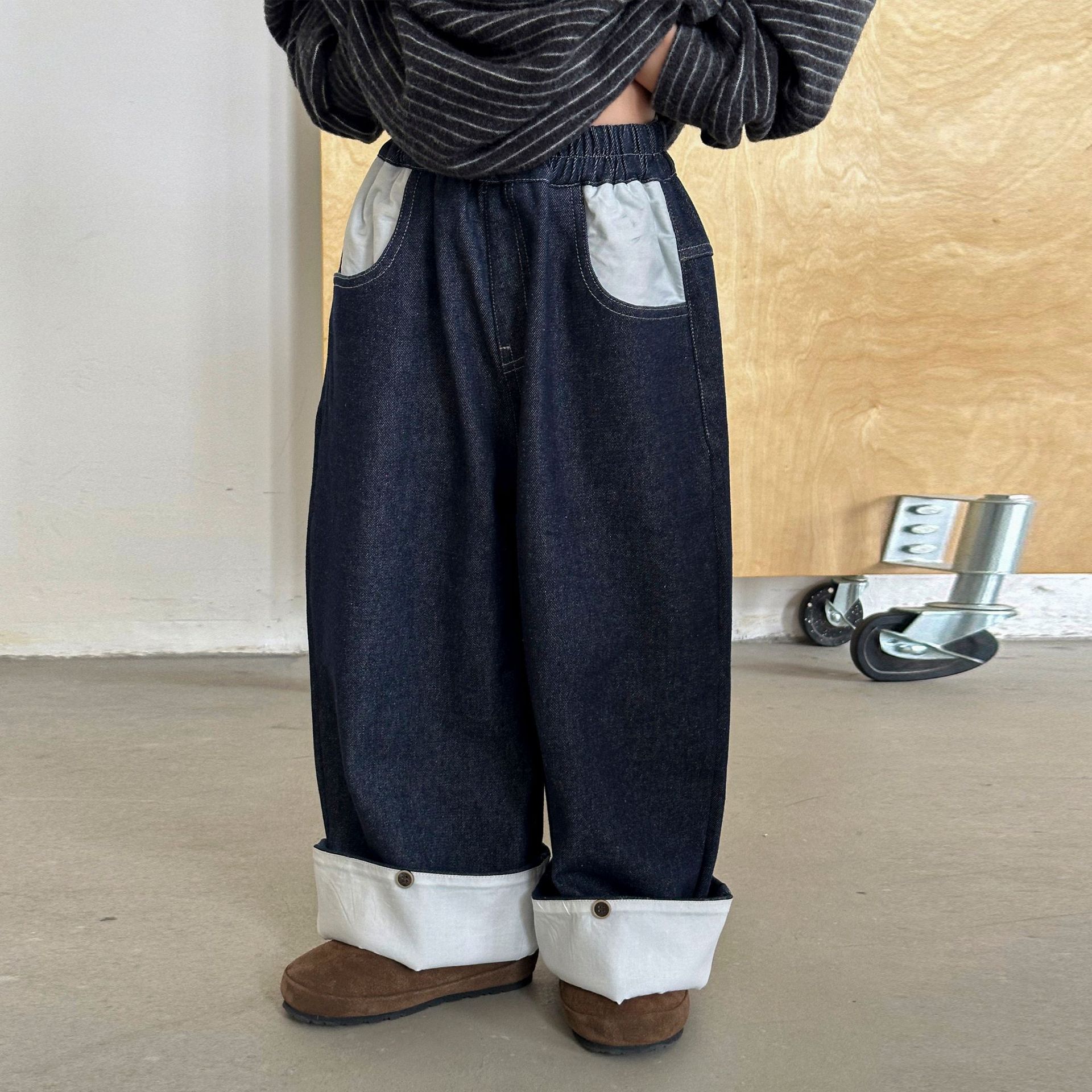 儿童牛仔裤撞色休闲长裤加绒加厚