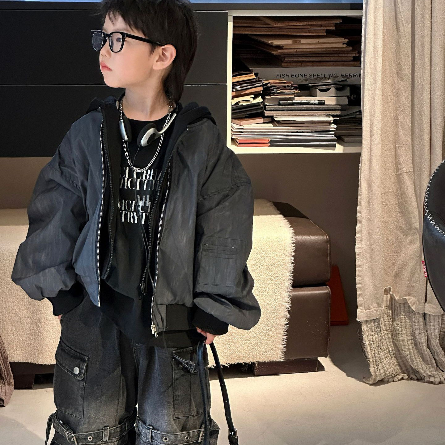 男女童灰绿色假两件棒球服外套