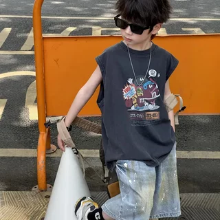 貌貌妈家韩版童装儿童炒洗做旧数码印花无袖T恤男童宽松洋气背心