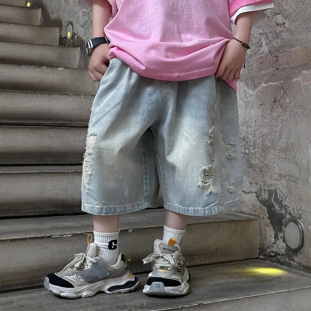 貌貌妈家2025夏季新款儿童薄柔软破洞牛仔中裤男童牛仔短裤五分裤