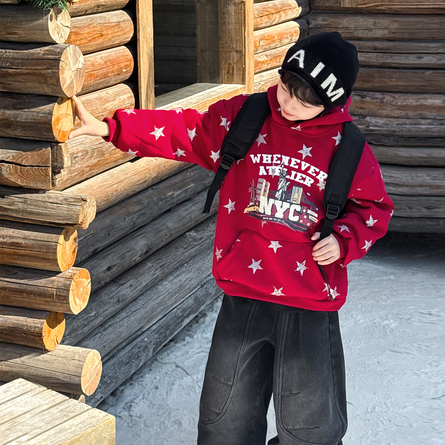 男女童美式撒银星星帽衫加绒加厚