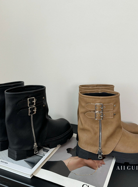 厚底复古辣妹裤管靴女2024秋冬新款皮带扣小个子机车风短筒马丁靴