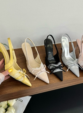 高级气质拉满7cm尖头蕾丝蝴蝶结细跟高跟鞋百搭凉鞋女