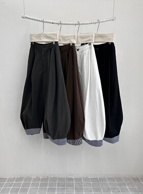 言己见2026春新款韩国拼接格子休闲裤女直筒阔腿裤女弯刀裤yL1380