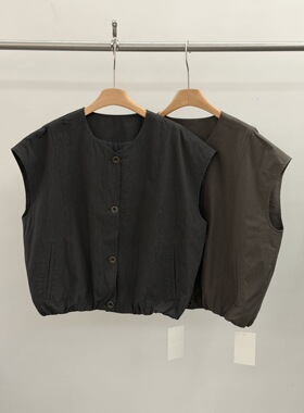 OF2026春季新款韩系圆领单排扣抽绳坎肩无袖开衫马甲百搭显瘦上衣