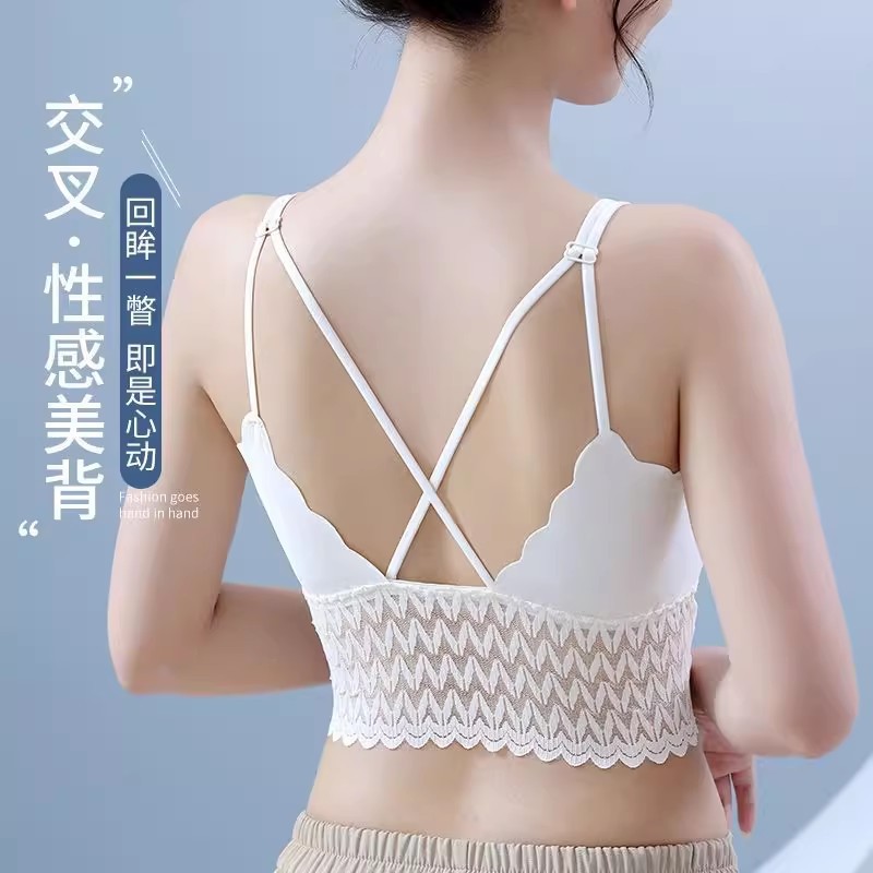 性感蕾丝缎面美背内衣薄带胸垫一体无痕大码背心