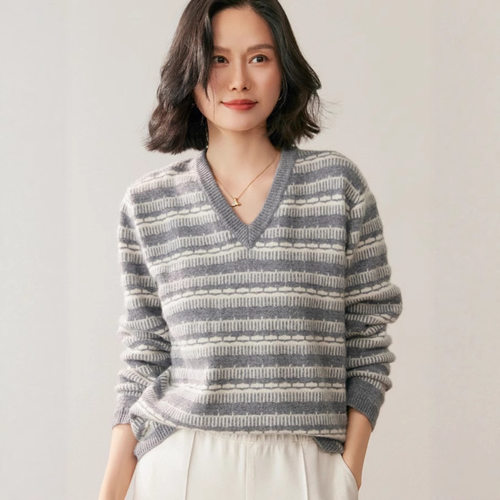 复古费尔岛撞色时尚百搭加厚提花针织长袖25秋冬打底羊绒衫女V领
