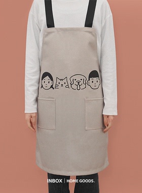 原创可爱卡通防水防油女棉麻日式背心围裙厨房家用情侣挂脖皮围裙