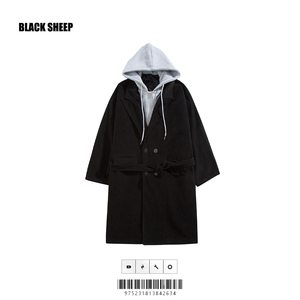 BLACKSHEEP小众设计感连帽风衣男假两件加棉中长款棉服毛呢子大衣