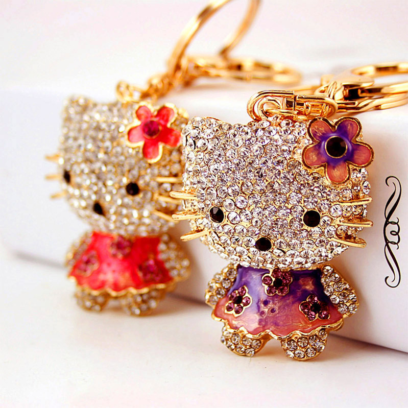 合金水钻桃心可爱花朵小猫钥匙扣女生钥匙链金属包扣包挂配饰