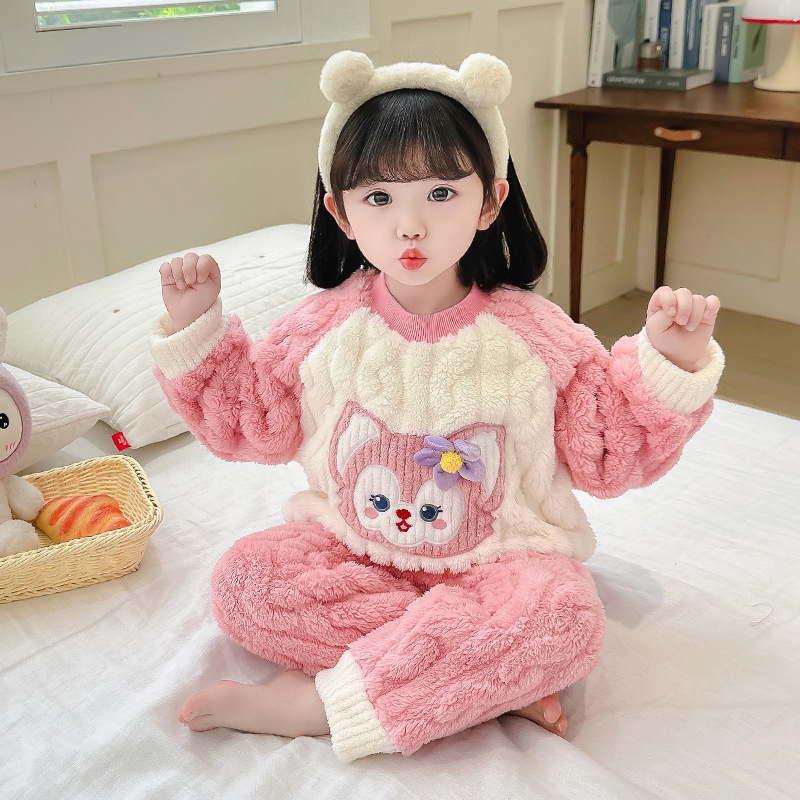 女童珊瑚绒睡衣秋冬加绒保暖套装