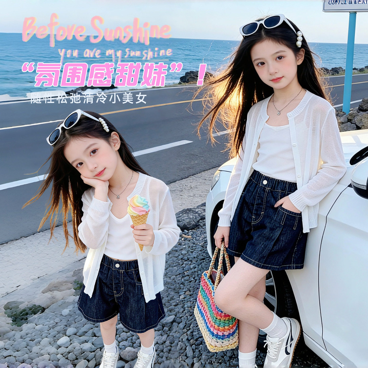 女童冰丝针织开衫防晒衣夏季2026儿童薄款外套空调衫冰丝凉感上衣