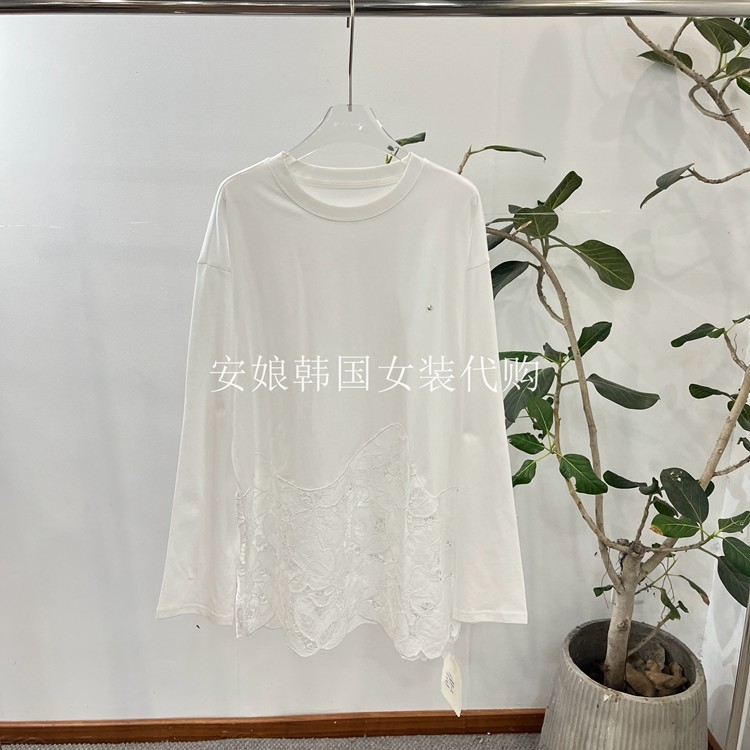 时尚圆领净色长袖拼接蕾丝T恤