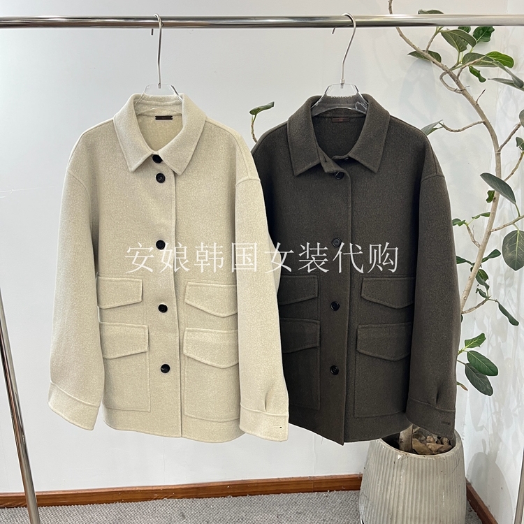 PH23翻领单排扣长袖口袋毛妮外套