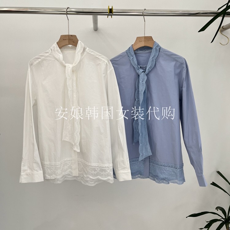 时尚百搭净色丝巾长袖宽松衬衫