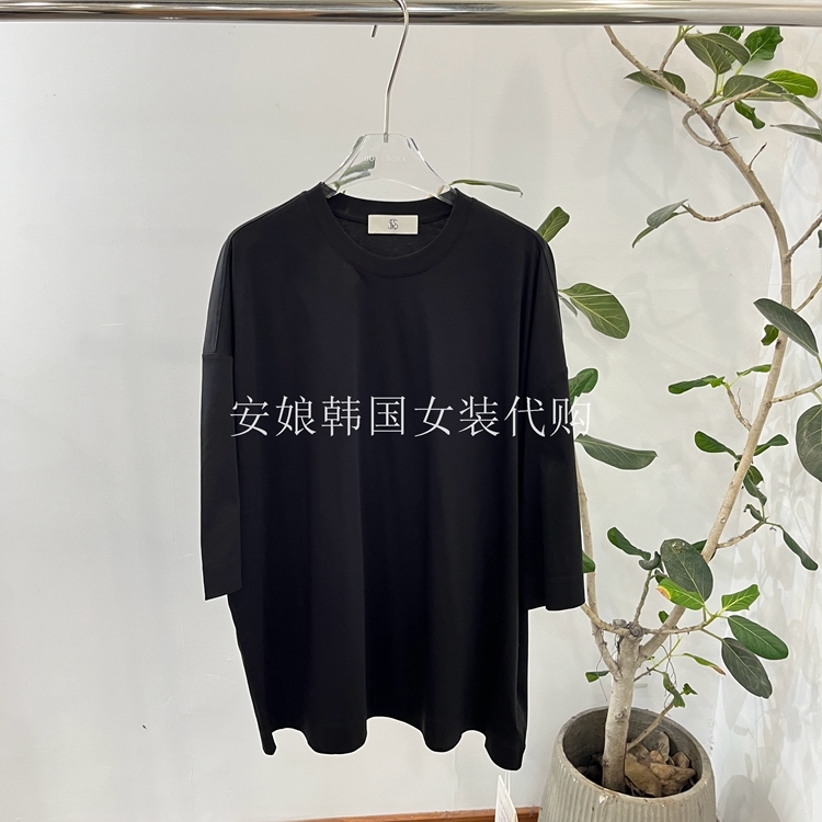 安娘韩国代购设计师款女装2025秋新时尚圆领净色短袖宽松T恤0218