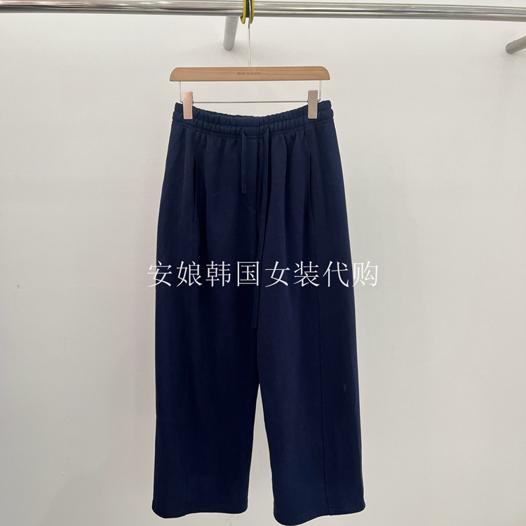 净色松紧腰抽绳直筒通勤休闲裤