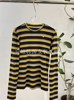 安娘韩国代购女装2025早秋季新款时尚圆领条纹撞色长袖T恤250566