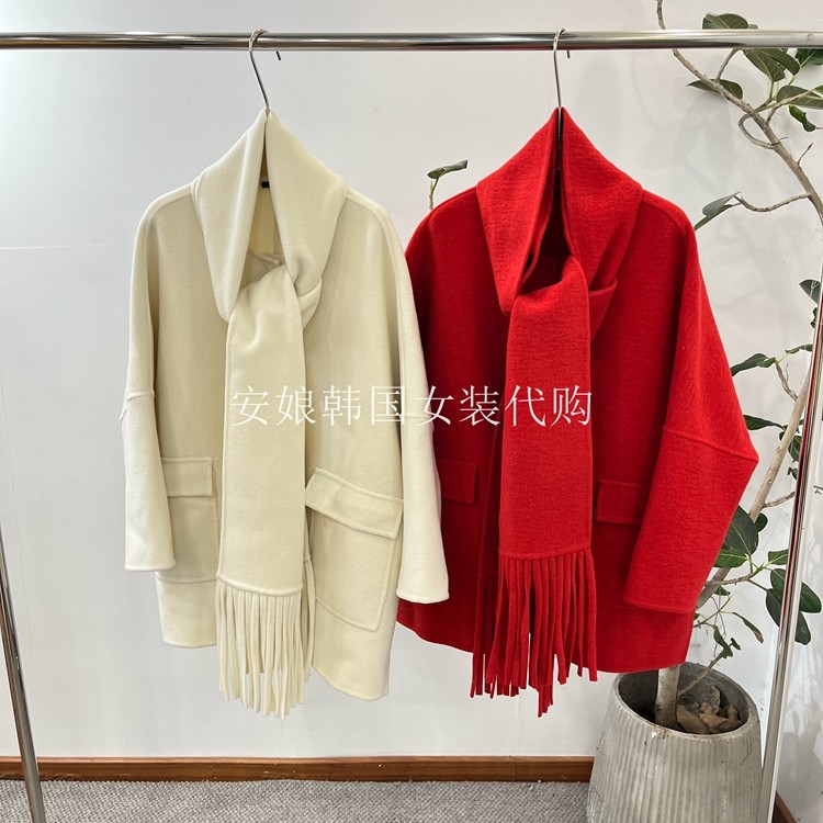 时尚围巾圆领净色宽松羊毛外套